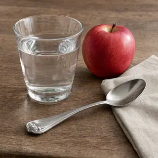 A still life on a wooden table featuring a clear glass of wa