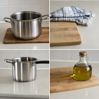 A kitchen counter with a stainless steel pot, a wooden cutti