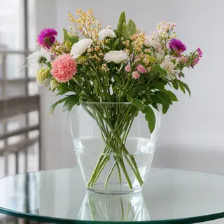 A vase of flowers on a glass table with a clear reflection v
