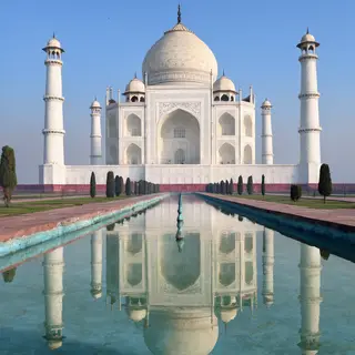 The Taj Mahal in Agra seen from the reflecting pool, with ac