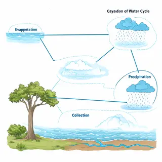 A detailed diagram of the water cycle showing evaporation fr