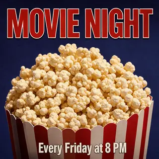 A movie night poster with a large popcorn image in the cente