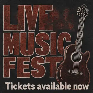 An event poster featuring a guitar illustration, the headlin