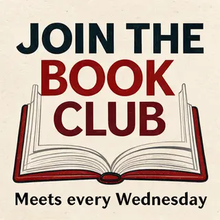 A book club poster with an open book illustration, the title