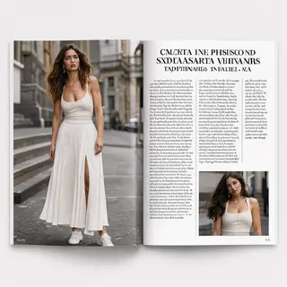 A fashion magazine spread with a full-bleed left-page photo,