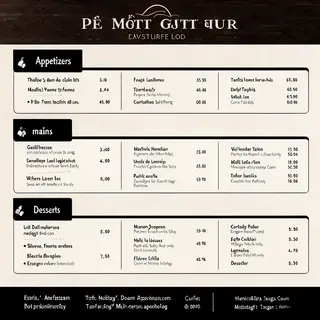 A restaurant menu layout with a logo header, three category 