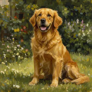 A golden retriever sitting in a garden, painted in the style