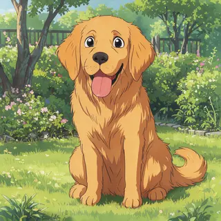 A golden retriever sitting in a garden, rendered in Japanese