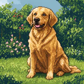 A golden retriever sitting in a garden, rendered in pixel ar