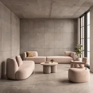 An interior scene rendered in soft brutalism — raw concrete 