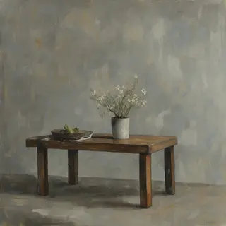A still life painted in anxious minimalism — sparse composit