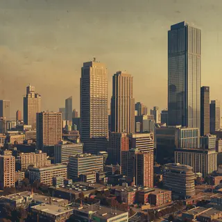 A cityscape rendered in nostalgic futurism — retro-futuristi