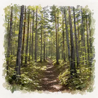 A forest rendered in photorealistic watercolor — the detail 