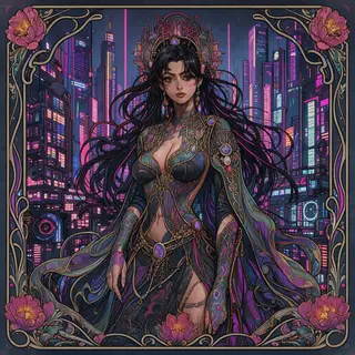 A woman in a futuristic city rendered in cyberpunk Art Nouve