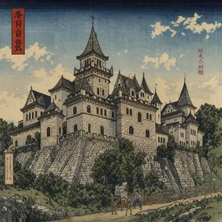 A medieval castle depicted in Japanese ukiyo-e woodblock pri