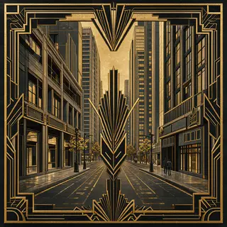 A city street scene in the style of Art Deco — geometric sha