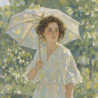 A woman with a parasol in the style of Impressionism — soft 