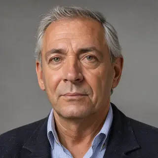 A portrait of a middle-aged man with a calm, serious express
