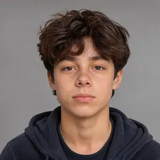 A headshot of a teenager with a relaxed, neutral face