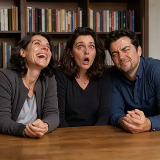 A group of three friends at a table: one laughing with head 