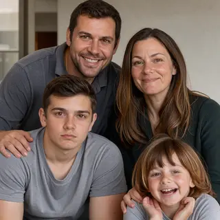A family photo with four people: a father beaming with pride