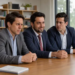 Three coworkers in a meeting: one looking frustrated with fu