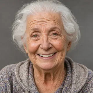 An elderly woman in her 80s with deep wrinkles and white hai