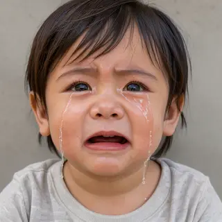 A 5-year-old child with round cheeks and large eyes, crying 