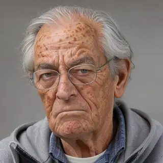 An elderly man in his 70s with age spots and thinning gray h