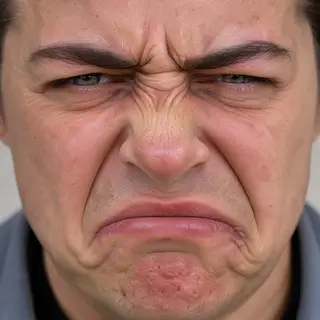 A close-up of a person's face showing clear disgust, nose wr