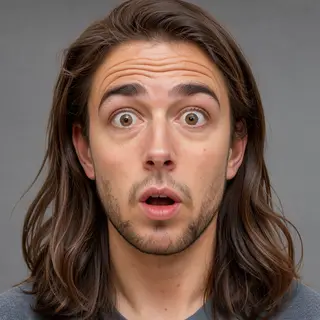 A portrait capturing genuine surprise — raised eyebrows, wid