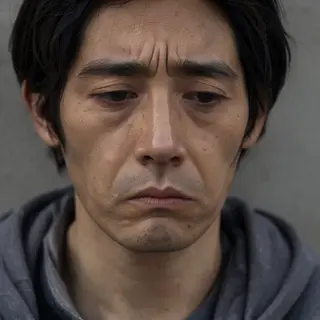A face showing quiet melancholy — downcast eyes, slightly dr