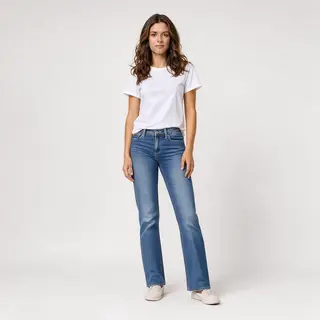 A woman standing upright in a relaxed pose, arms at her side