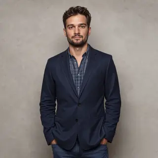 A man standing straight facing the camera, hands in pockets,