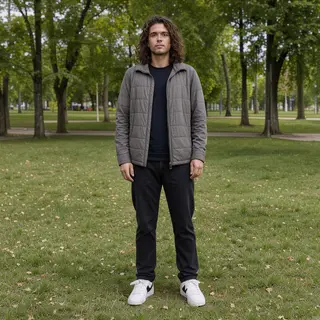A person standing in a neutral pose in a park, full body vis