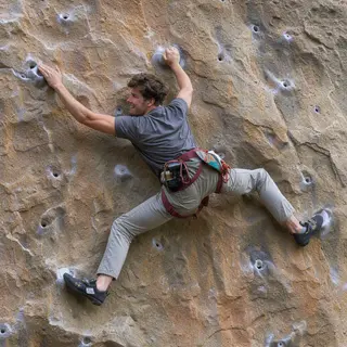 A rock climber clinging to a cliff face with arms and legs e