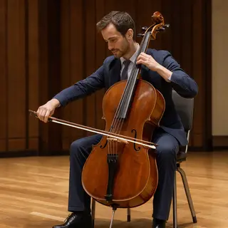 A cellist seated with correct posture, legs around the instr