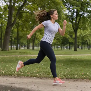 A woman mid-stride running through a park, hair and clothes 