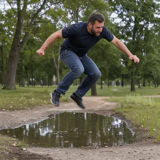 A man captured mid-jump over a puddle, body in the air with 