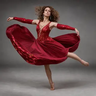 A dancer in a dynamic spin, dress flowing outward with one l