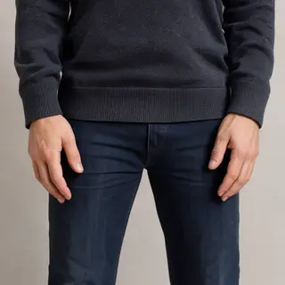 A person standing with both hands visible at their sides, fi