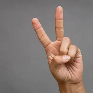 A person making a peace sign with their right hand, clearly 