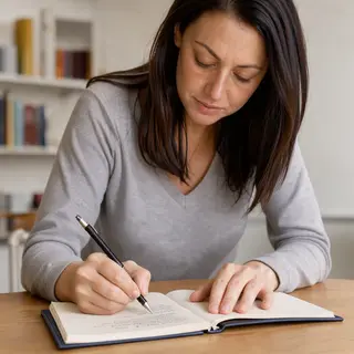 A woman writing in a notebook with a pen gripped correctly i
