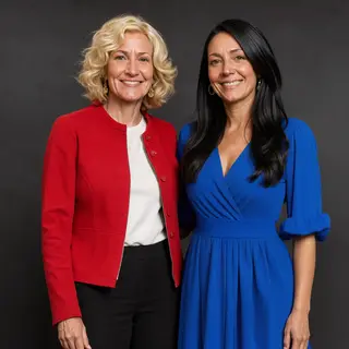 Two women standing side by side: one with short blonde hair 
