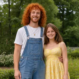 Two friends posing: one tall with curly red hair in denim ov