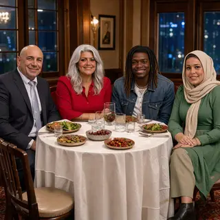 Four people at a dinner table: a bald man in a suit, a woman