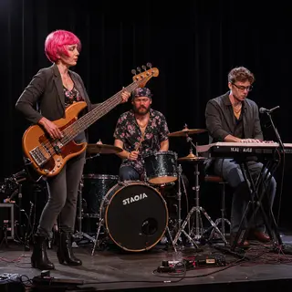 Three musicians on stage: a tall woman with short pink hair 