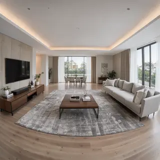 A wide-angle shot of a modern living room interior showing e