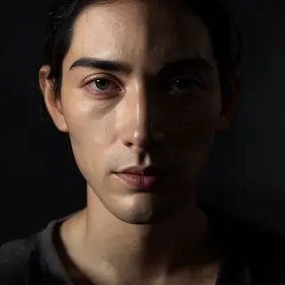 A portrait with dramatic split lighting — half the face brig