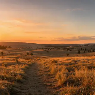 A landscape photograph bathed in golden hour light — long wa